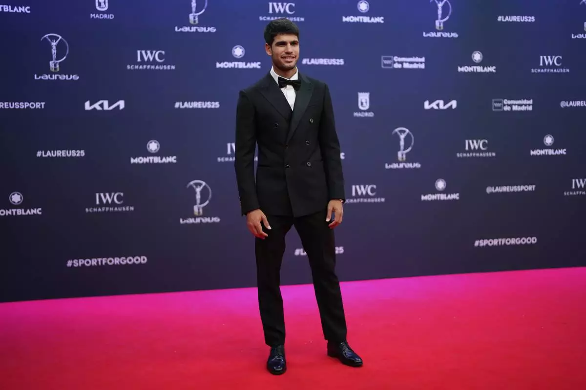 Carlos Alcaraz of Spain, poses during the 2025 Laureus World Sports Awards in Madrid, Spain, Monday, April 21, 2025. (AP Photo/Manu Fernandez)