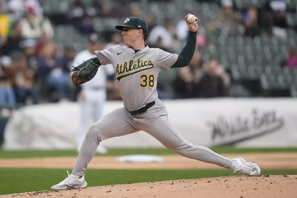 Athletics starting pitcher JP Sears (38) throws against the Chicago White Sox during the first inning of a baseball game Thursday, April 17, 2025, in Chicago. (AP Photo/Erin Hooley)