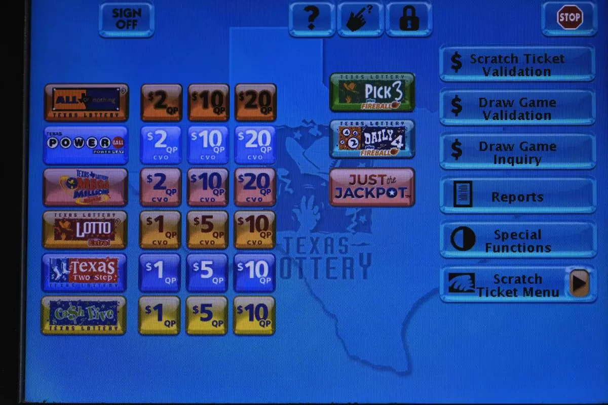 FILE - A Texas Lottery sales terminal screen is shown at Fuel City in Dallas, Wednesday, Feb. 26, 2025. (AP Photo/LM Otero, File)