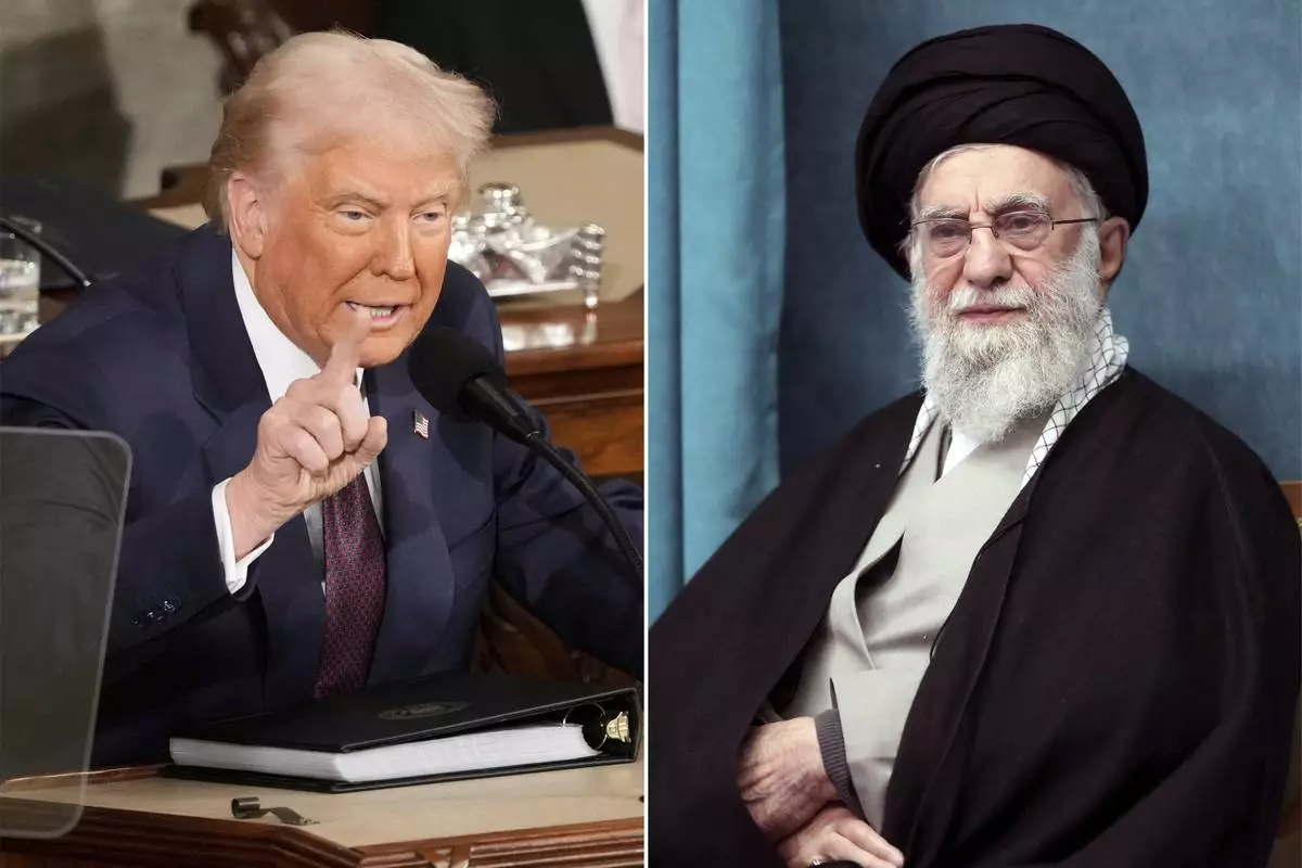 FILE - This combination image of pictures show President Donald Trump, left, addressing a joint session of Congress at the Capitol in Washington, March 4, 2025, and a handout of Supreme Leader Ayatollah Ali Khamenei attending a ceremony in Tehran, Iran, March 8, 2025. (AP Photo/Ben Curtis - Office of the Iranian Supreme Leader via AP, File)