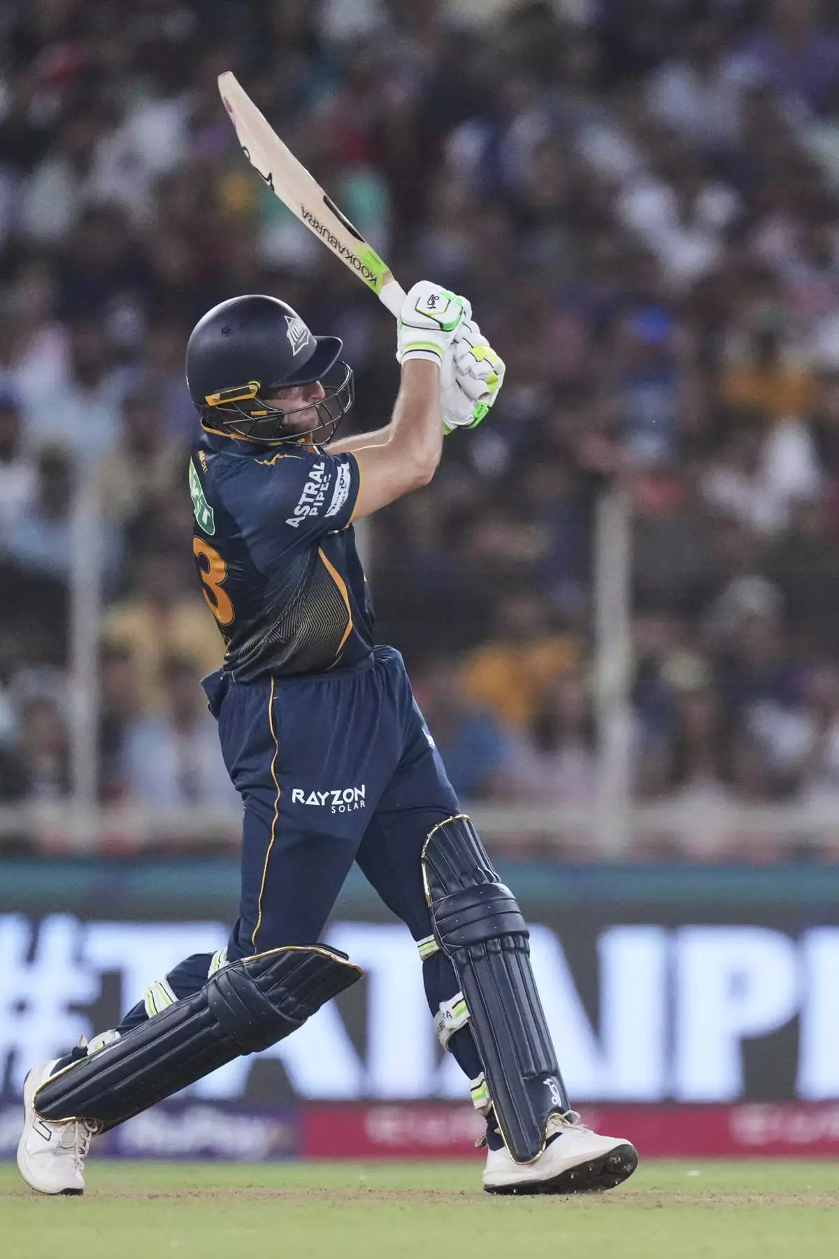 Gujarat Titans' Jos Butler plays a shot during the Indian Premier League cricket match between Gujarat Titans and Delhi Capitals at Narendra Modi Stadium in Ahmedabad, India, Saturday, April 19, 2025. (AP Photo/Ajit Solanki)