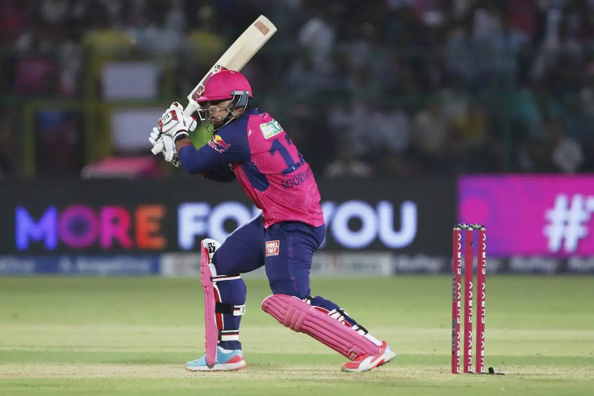Rajasthan Royals' Vaibhav Suryavanshi plays a shot during the Indian Premier League cricket match between Lucknow Super Giants and Rajasthan Royals at Sawai Mansingh Stadium in Jaipur, India, Saturday, April 19, 2025. (AP Photo/Surjeet Yadav)
