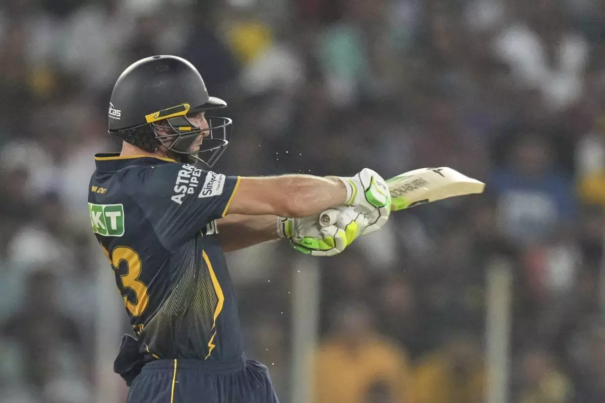Gujarat Titans' Jos Butler plays a shot during the Indian Premier League cricket match between Gujarat Titans and Delhi Capitals at Narendra Modi Stadium in Ahmedabad, India, Saturday, April 19, 2025. (AP Photo/Ajit Solanki)