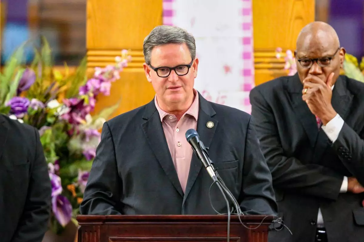 Tallahassee Mayor John Dailey addresses the Bethel Missionary Baptist Church congregation about the shooting at Florida State University before a Good Friday service, Tallahassee, Fla., Friday, April 18, 2025. (AP Photo/Gary McCullough)