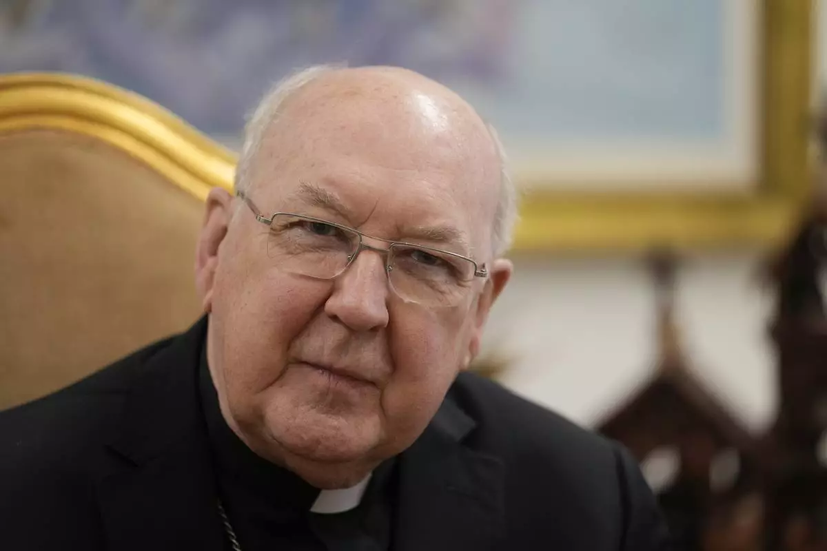 FILE - Cardinal Kevin Farrell attends an interview with The Associated Press in Rome, June 30, 2022. (AP Photo/Andrew Medichini, File)