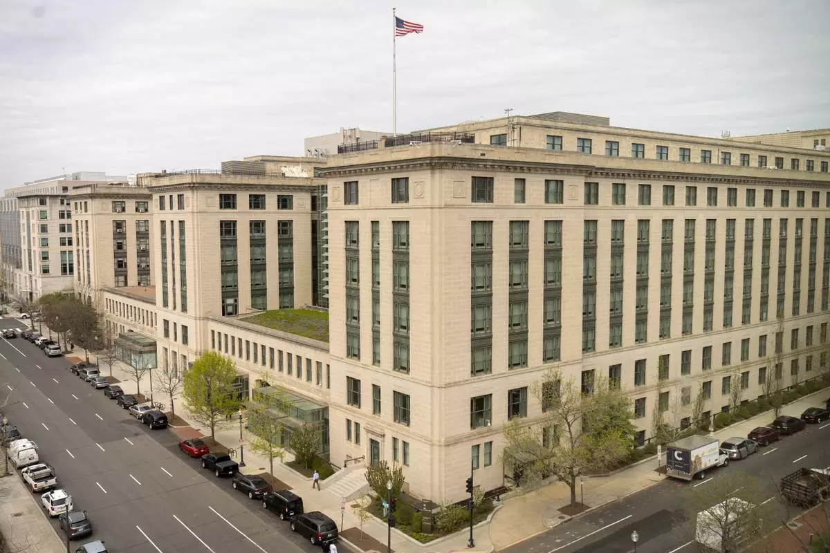 The headquarters of the General Services Administration (GSA) is photographed Wednesday, April 2, 2025, in Washington. (AP Photo/Mark Schiefelbein)