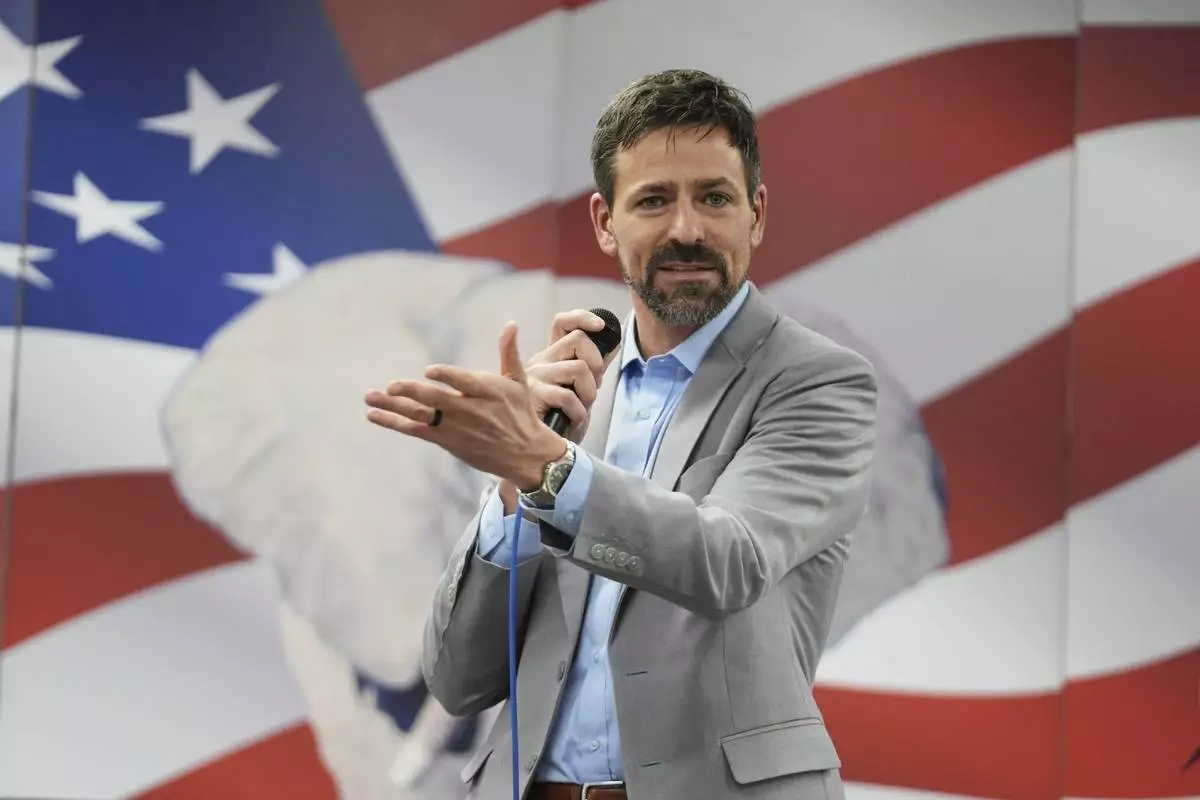 Ryan Kelley speaks at the Jackson County Republican headquarters Thursday, April 10, 2025, in Jackson, Mich. (AP Photo/Paul Sancya)