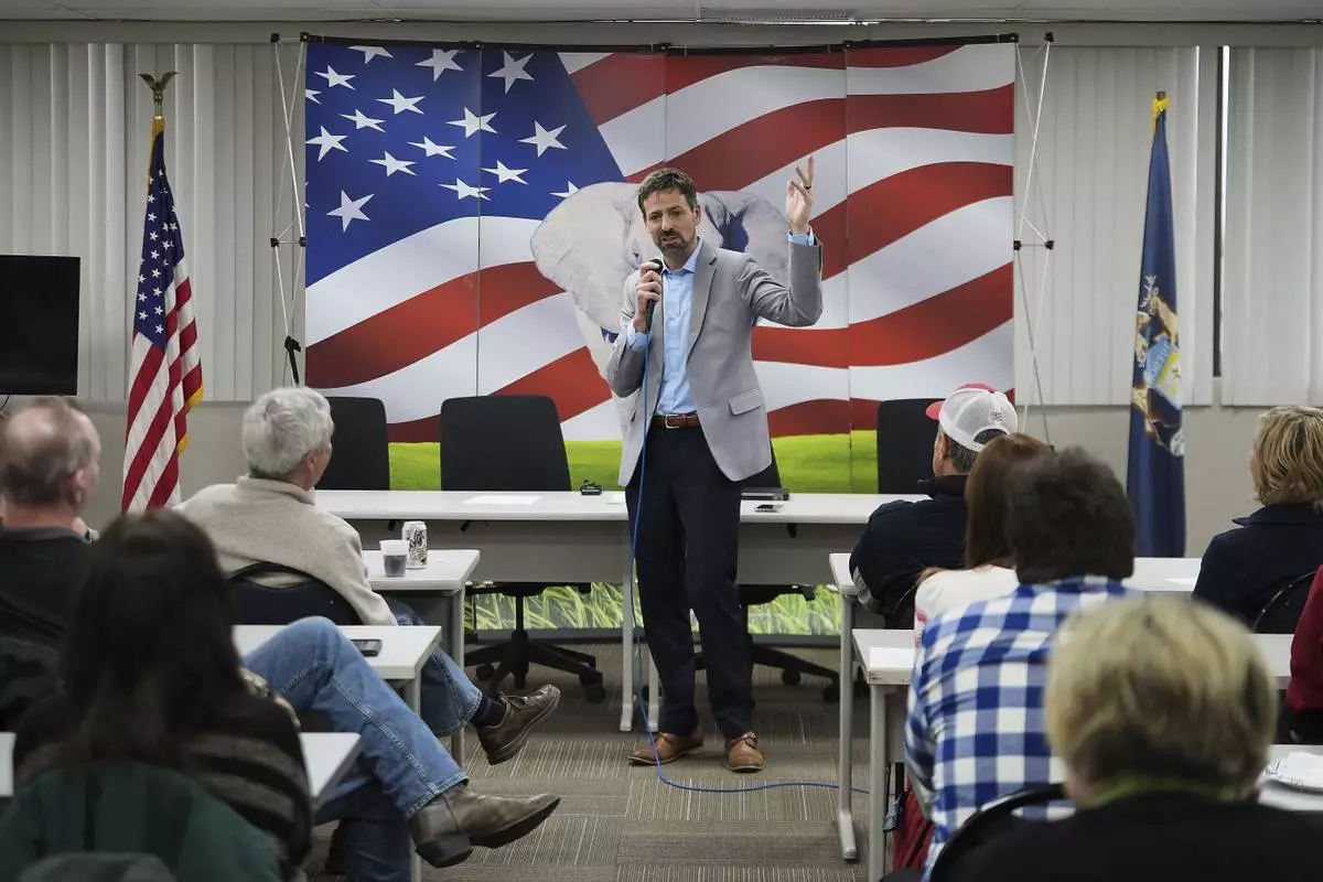 Ryan Kelley speaks at the Jackson County Republican headquarters, Thursday, April 10, 2025, in Jackson, Mich. (AP Photo/Paul Sancya)