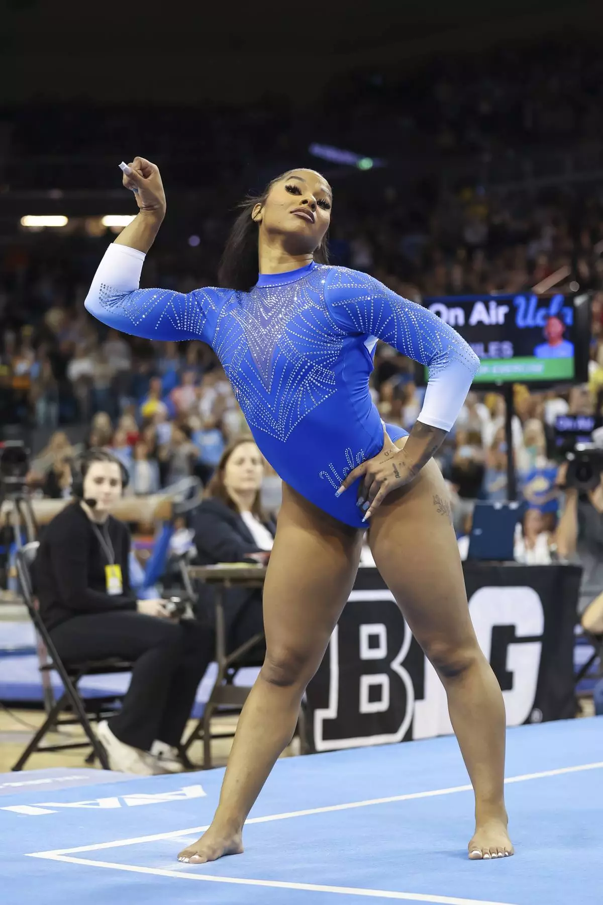 FILE - UCLA's Jordan Chiles performs her floor routine during an NCAA college gymnastics meet against Stanford, March 9, 2025, in Los Angeles. (AP Photo/Tracy Herriott, file)