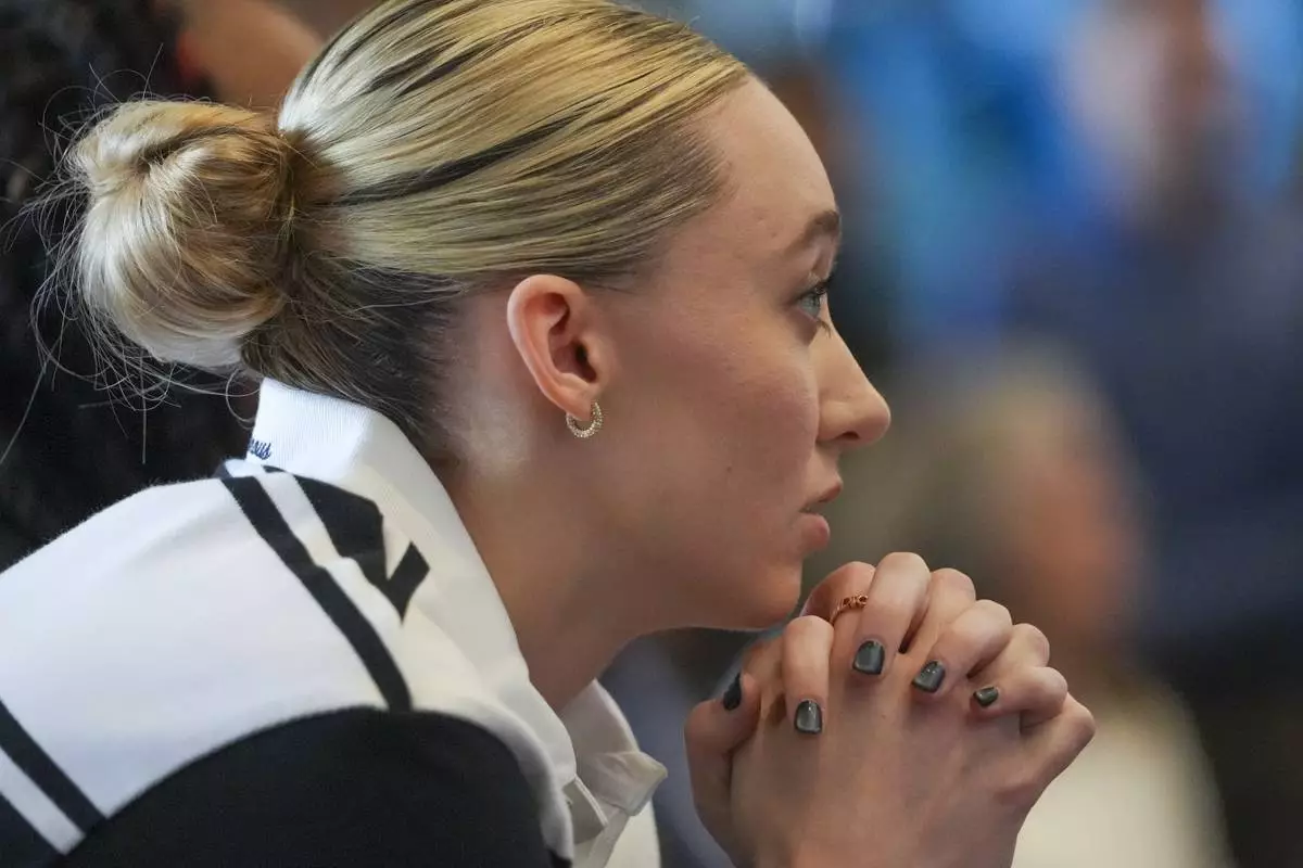 Dallas Wings' Paige Bueckers, selected No. 1 overall in the WNBA basketball draft, attends an introductory press conference Wednesday, April 23, 2025, in Dallas. (AP Photo/Julio Cortez)