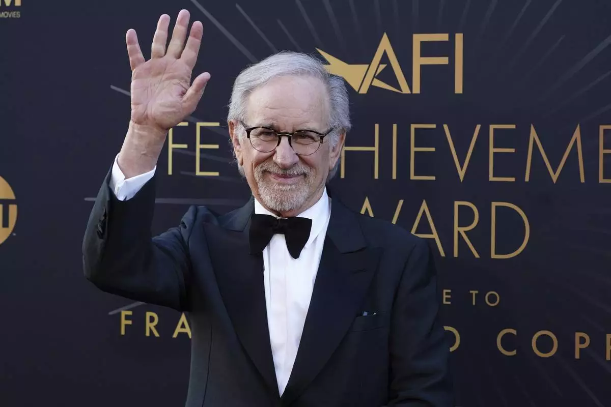 Steven Spielberg arrives at the 50th AFI Life Achievement Award tribute to Francis Ford Coppola on Saturday, April 26, 2025, at the Dolby Theatre in Los Angeles. (Photo by Jordan Strauss/Invision/AP)