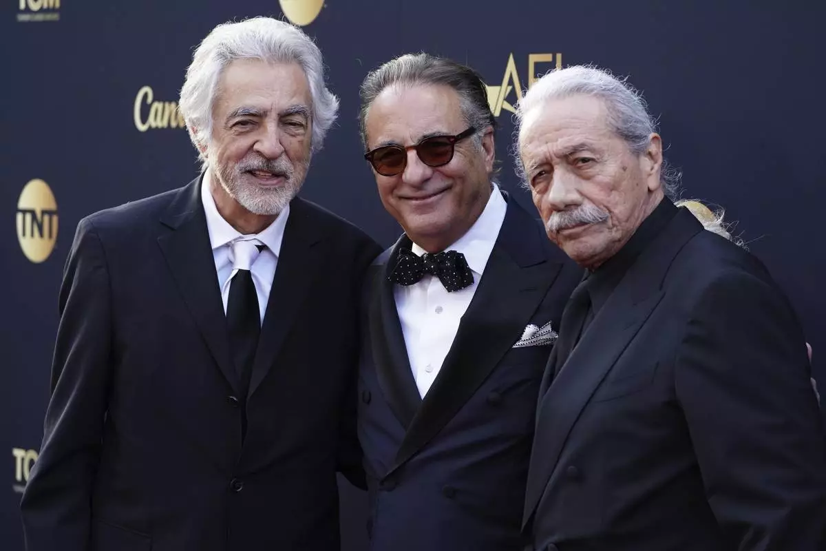Joe Mantegna, from left, Andy García, Edward James Olmos arrive at the 50th AFI Life Achievement Award tribute to Francis Ford Coppola on Saturday, April 26, 2025, at the Dolby Theatre in Los Angeles. (Photo by Jordan Strauss/Invision/AP)
