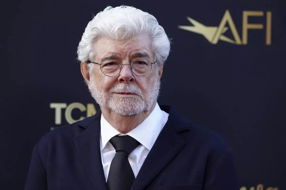 George Lucas arrives at the 50th AFI Life Achievement Award tribute to Francis Ford Coppola on Saturday, April 26, 2025, at the Dolby Theatre in Los Angeles. (Photo by Jordan Strauss/Invision/AP)