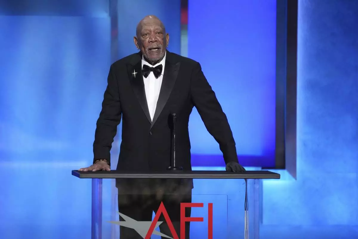 Actor Morgan Freeman addresses the audience during the 50th AFI Life Achievement Award tribute to Francis Ford Coppola on Saturday, April 26, 2025, at the Dolby Theatre in Los Angeles. (AP Photo/Chris Pizzello)