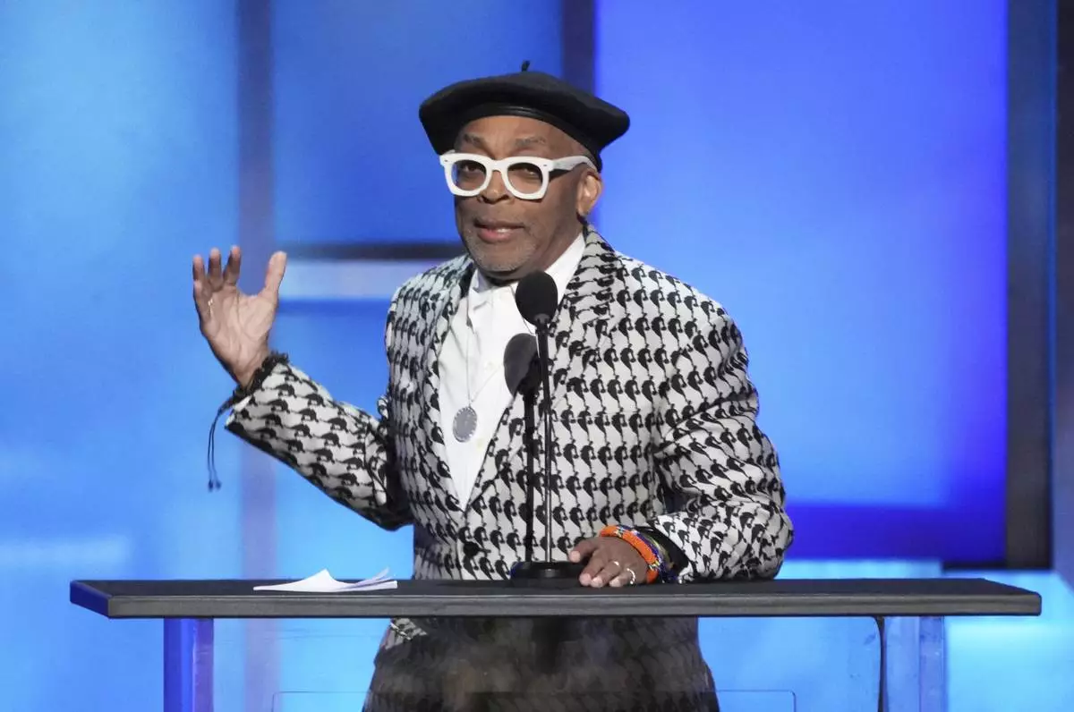 Filmmaker Spike Lee makes remarks during the 50th AFI Life Achievement Award tribute to Francis Ford Coppola on Saturday, April 26, 2025, at the Dolby Theatre in Los Angeles. (AP Photo/Chris Pizzello)