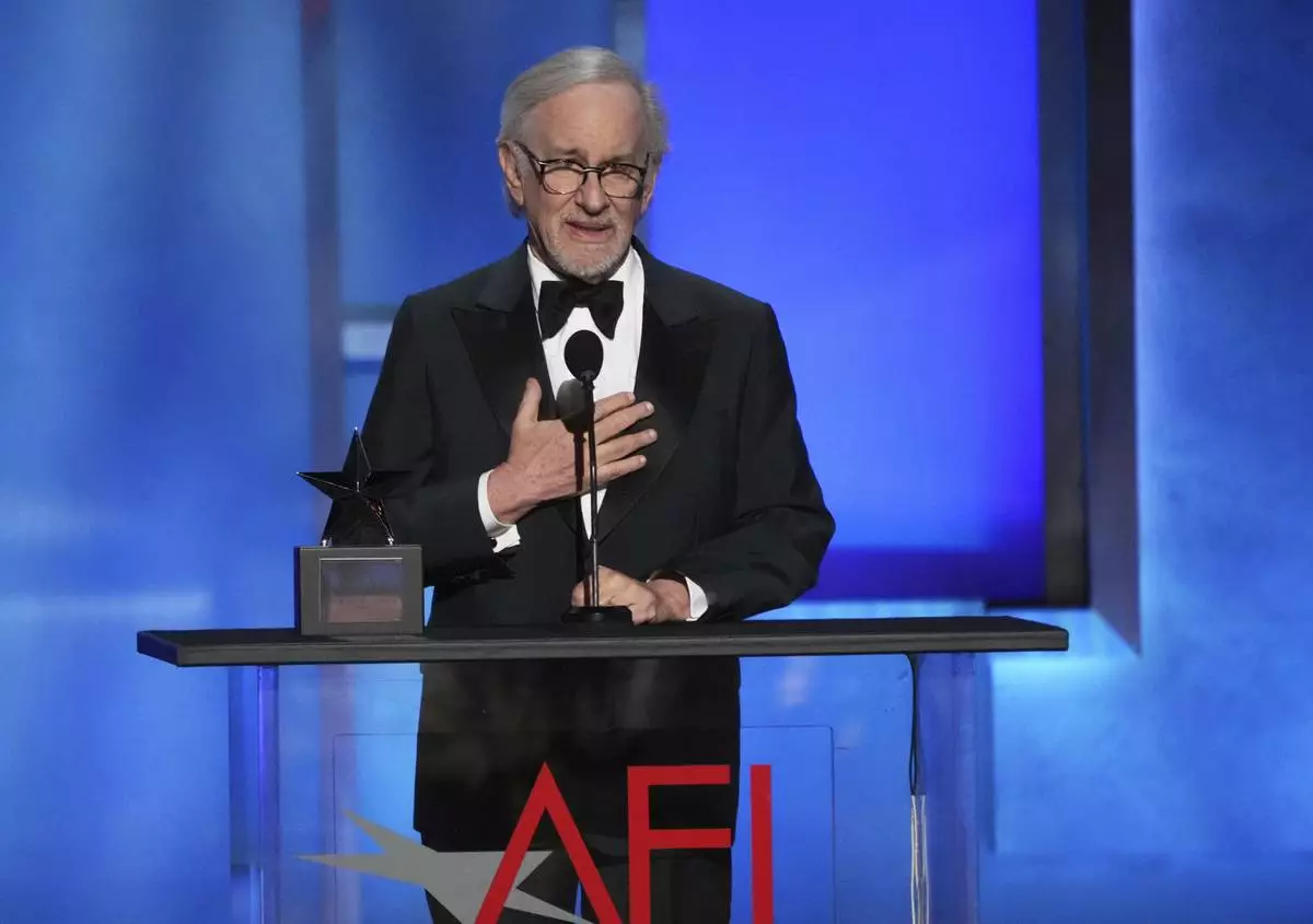 Director Steven Spielberg makes remarks during the 50th AFI Life Achievement Award tribute to Francis Ford Coppola on Saturday, April 26, 2025, at the Dolby Theatre in Los Angeles. (AP Photo/Chris Pizzello)