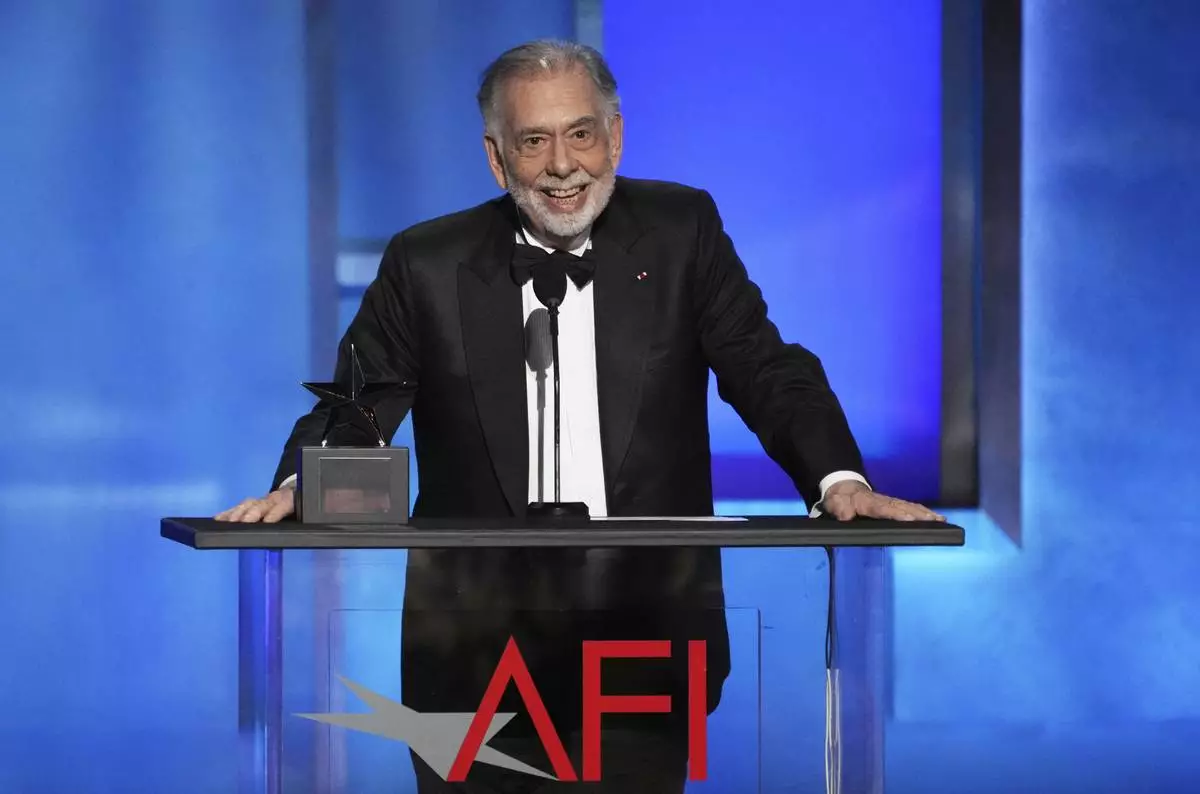 Filmmaker Francis Ford Coppola accepts the 50th AFI Life Achievement Award during a gala celebration for him on Saturday, April 26, 2025, at the Dolby Theatre in Los Angeles. (AP Photo/Chris Pizzello)