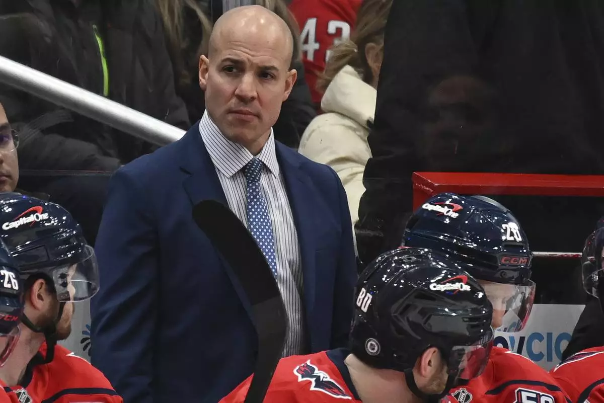 FILE - Washington Capitals head coach Spencer Carbery watches the action from the bench during the first period of an NHL hockey game Saturday, Jan. 4, 2025, in Washington. (AP Photo/John McDonnell, File)