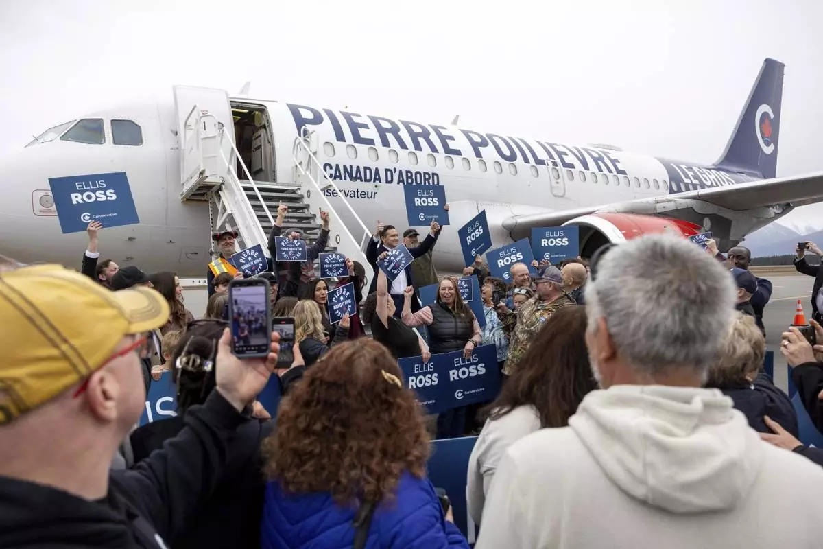 FILE - Conservative Leader Pierre Poilievre arrives in Terrace, British Columbia, during a campaign stop on April 6, 2025. (Aaron Whitfield/The Canadian Press via AP, File)