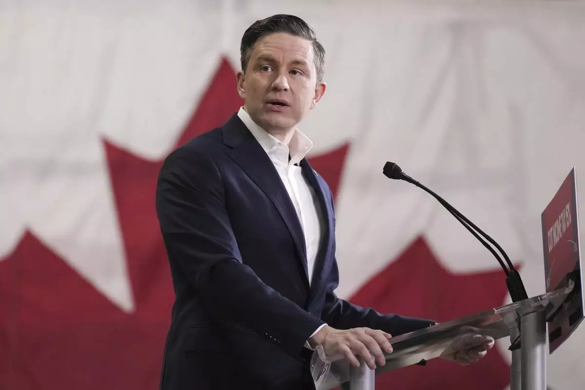 FILE - Canada Federal Conservative Leader Pierre Poilievre appears at a federal election campaign event in Brampton, Ontario, on March 24, 2025. (Chris Young/The Canadian Press via AP, File)