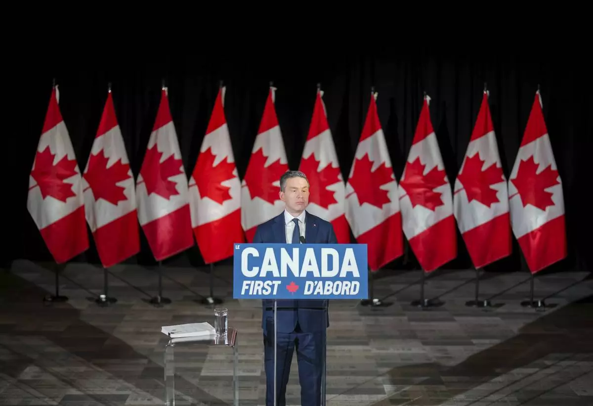 FILE - Conservative leader Pierre Poilievre speaks during a news conference in Ottawa, March 14, 2025. (Chris Tanouye/The Canadian Press via AP, File)