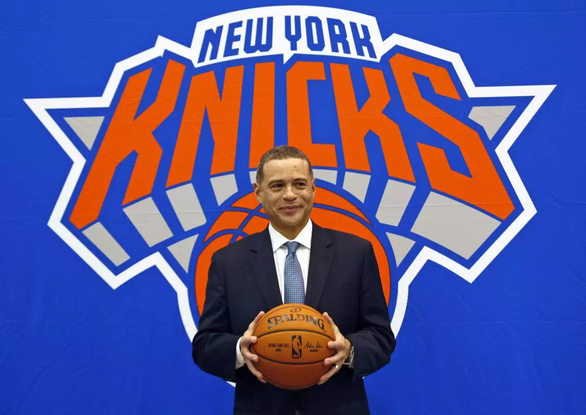 FILE - In this July 17, 2017, file photo, New York Knicks general manager Scott Perry poses for a picture after a news conference in Greenburgh, N.Y. (AP Photo/Seth Wenig, File)