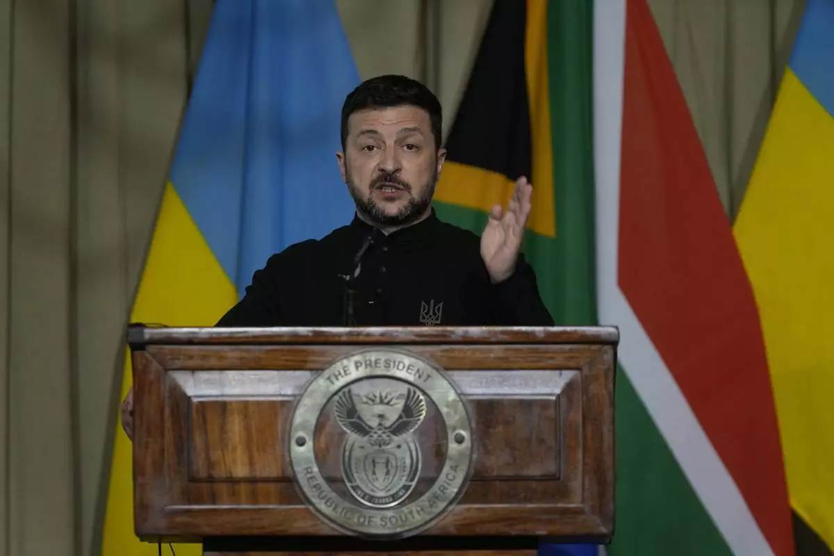 Ukrainian President Volodymyr Zelenskyy addresses a news conference at the Union Buildings in Pretoria, South Africa, Thursday, April 24, 2025 with South Africa's President Cyril Ramaphosa. (AP Photo/Themba Hadebe)