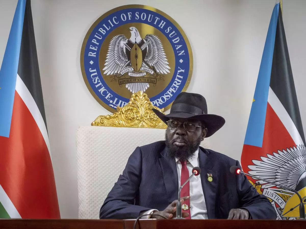 South Sudan's President Salva Kiir Mayardit announces the death of army general David Majur Dak, in Juba, South Sudan, Friday, March 7, 2025. (AP Photo/Florence Miettaux)
