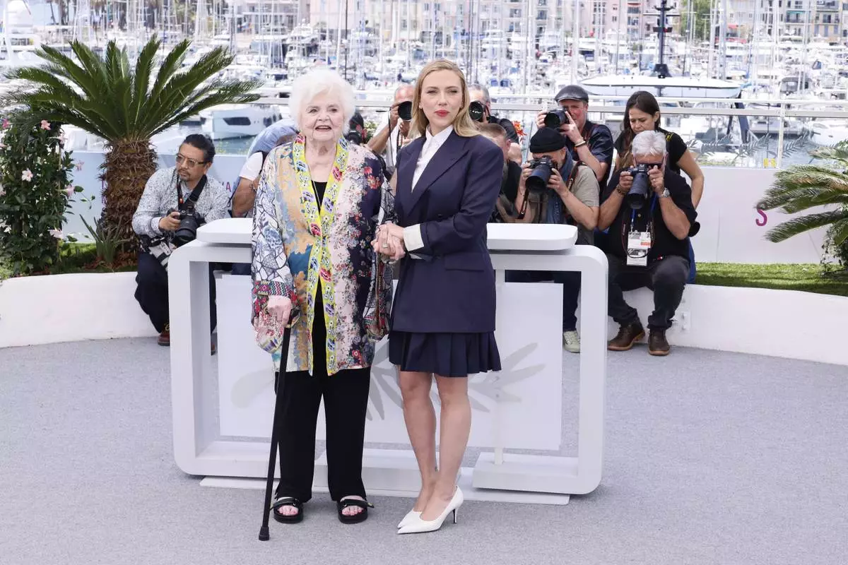 June Squibb, left, and director Scarlett Johansson pose for photographers at the photo call for the film 'Eleanor the Great' at the 78th international film festival, Cannes, southern France, Wednesday, May 21, 2025. (Photo by Joel C Ryan/Invision/AP)