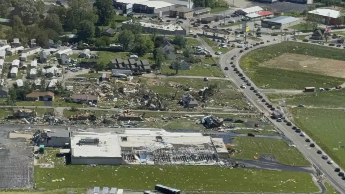 This aerial photo provided by London, KY Mayor Randall Weddle shows damage from severe weather in London, Ky., on Saturday, May 17, 2025. (City of London, Ky. via AP)