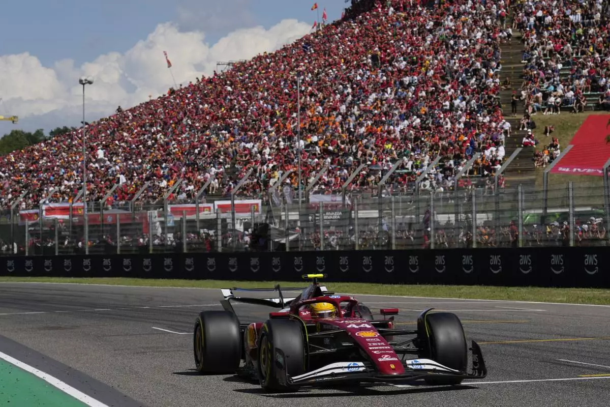 Ferrari driver Lewis Hamilton of Britain steers his car during the Italian Emilia Romagna Formula One Grand Prix, at the Enzo and Dino Ferrari racetrack in Imola, Italy, Sunday, May 18, 2025. (AP Photo/Luca Bruno, Pool)
