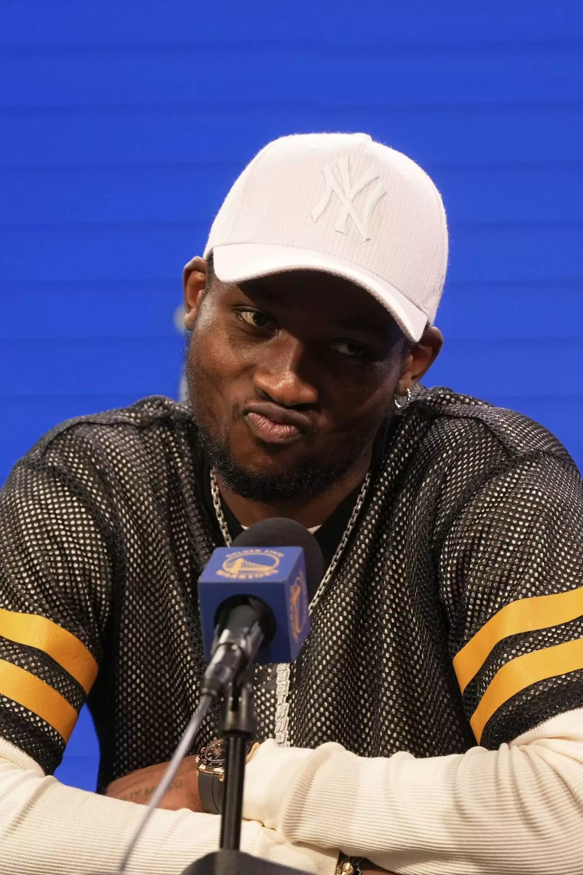 Golden State Warriors forward Jonathan Kuminga speaks during a news conference at the NBA basketball team's facility in San Francisco, Thursday, May 15, 2025. (AP Photo/Jeff Chiu)