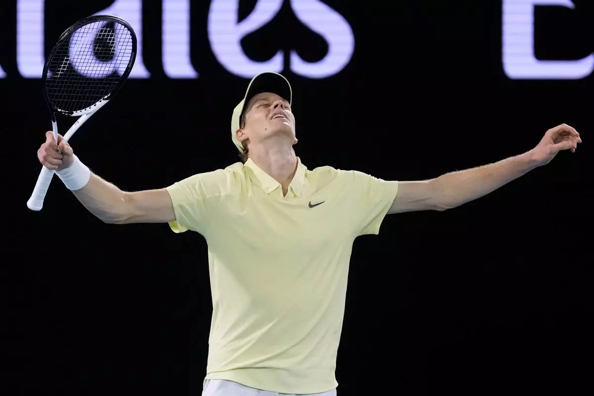 FILE - Jannik Sinner of Italy celebrates after defeating Alexander Zverev of Germany in the men's singles final at the Australian Open tennis championship in Melbourne, Australia, Jan. 26, 2025. (AP Photo/Asanka Brendon Ratnayake, File)