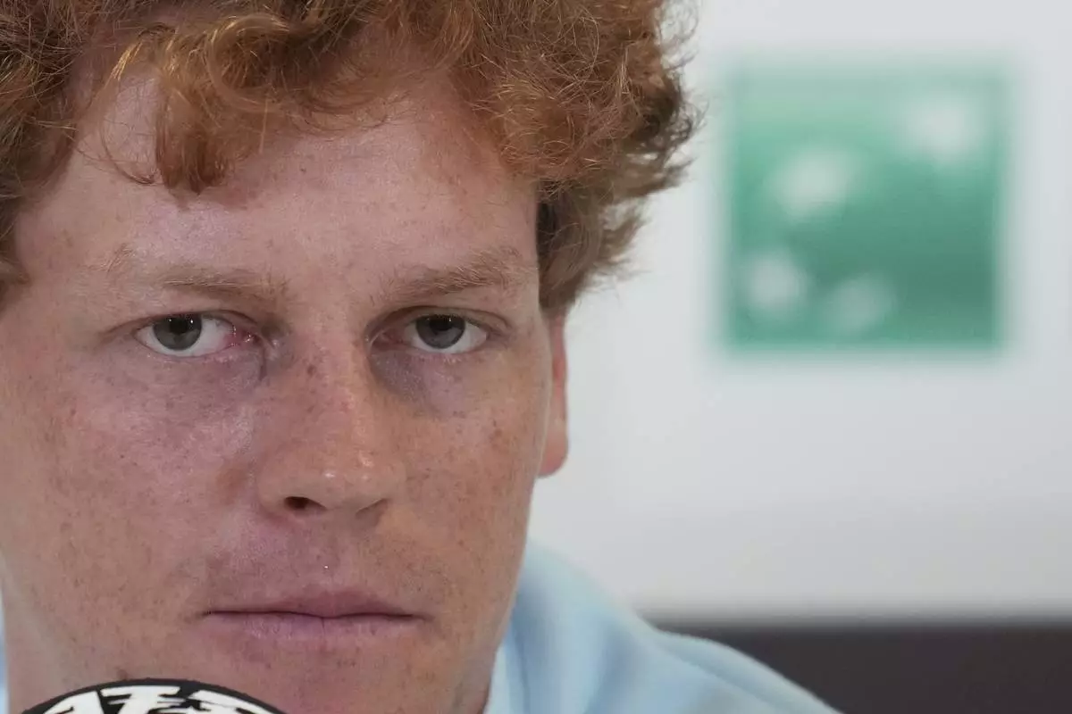 Italy's Jannik Sinner attends a press conference ahead of the Italian Open, in Rome, Monday May 5, 2025. (Alfredo Falcone/LaPresse via AP)