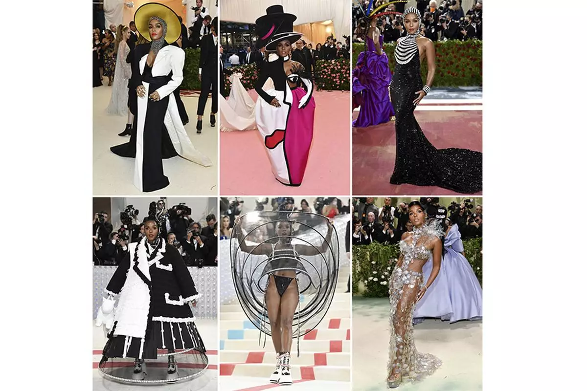 This combination of photos shows Janelle Monae's fashion outfits at The Metropolitan Museum of Art's Costume Institute benefit gala across several years. (AP Photo)