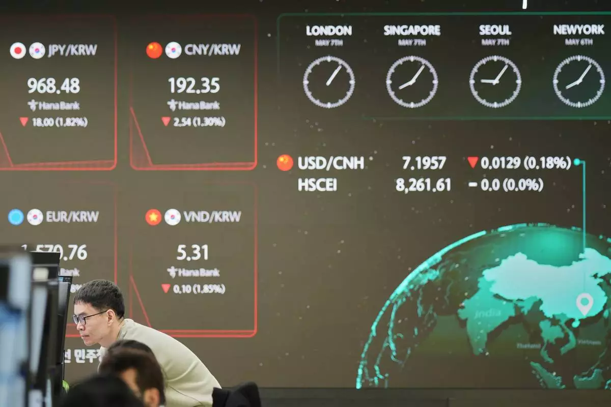 A dealer watches computer monitors near the screen showing the foreign exchange rates at a dealing room of Hana Bank in Seoul, South Korea, Wednesday, May 7, 2025. (AP Photo/Lee Jin-man)