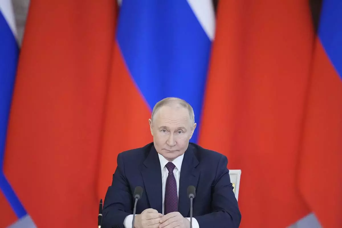 Russian President Vladimir Putin attends a signing ceremony with Chinese President Xi Jinpin at the Kremlin in Moscow, Russia, Thursday, May 8, 2025, ahead of celebrations of the 80th anniversary of the Soviet Union's victory over Nazi Germany during the World War II. (AP Photo/Pavel Bednyakov)