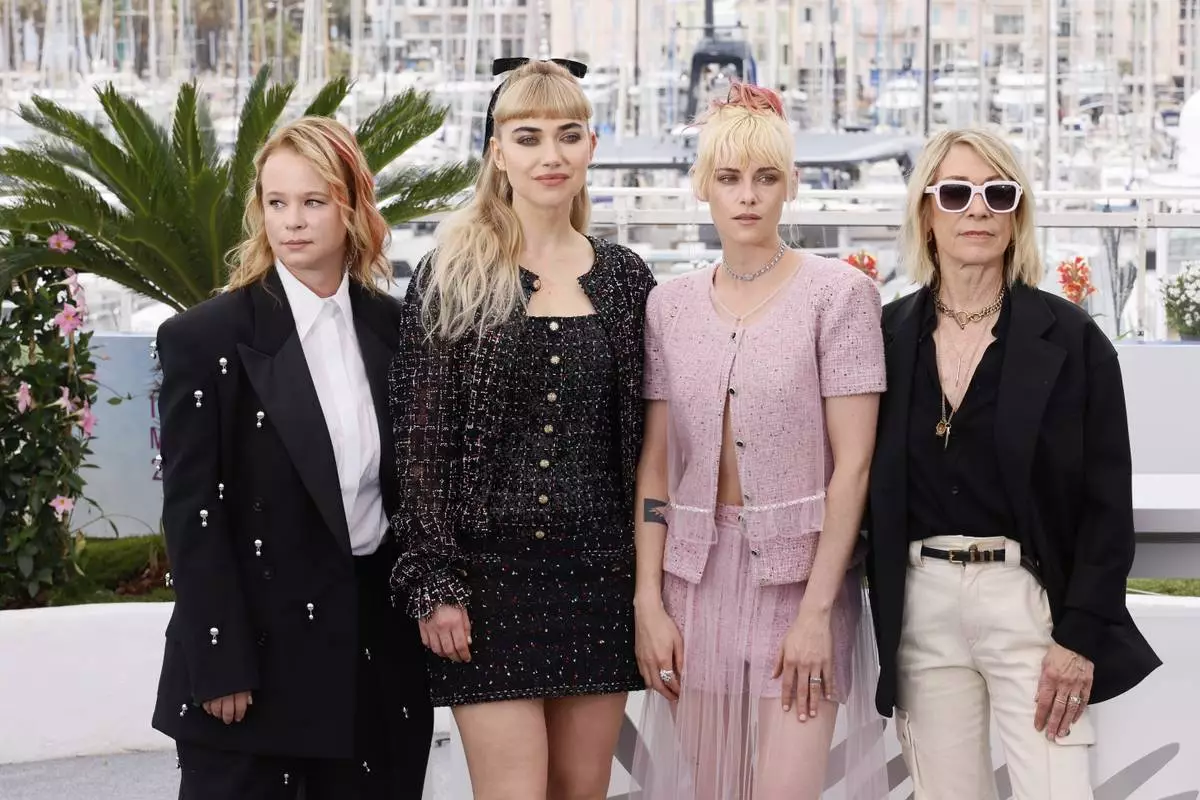 Thora Birch, from left, Imogen Poots, director Kristen Stewart and Kim Gordon pose for photographers at the photo call for the film 'The Chronology of Water' at the 78th international film festival, Cannes, southern France, Friday, May 16, 2025. (Photo by Joel C Ryan/Invision/AP)