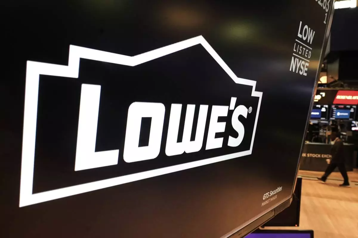 The logo for Lowe's is displayed above a trading post on the floor of the New York Stock Exchange, Tuesday, May 20, 2025. (AP Photo/Richard Drew)