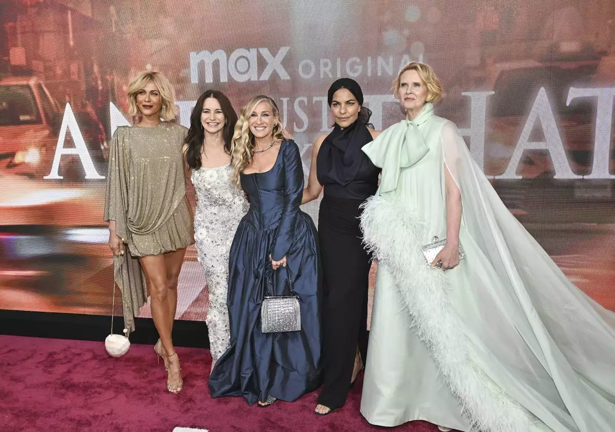 Nicole Ari Parker, from left, Kristin Davis, Sarah Jessica Parker, Sarita Choudhury and Cynthia Nixon pose together at the premiere of "And Just Like That..." Season 3 at the Crane Club on Wednesday, May 21, 2025, in New York. (Photo by Evan Agostini/Invision/AP)