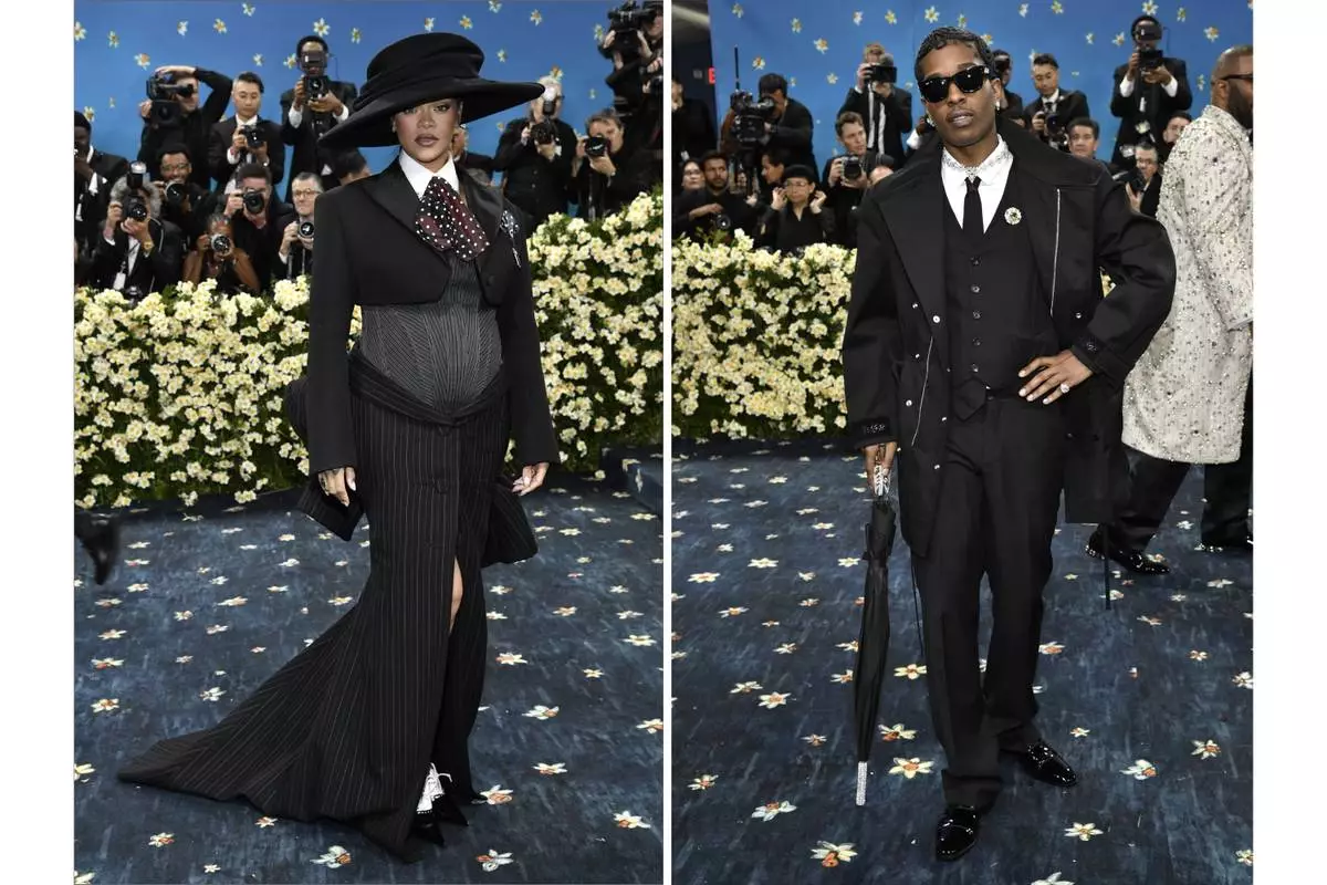 In this combination of images, Rihanna, left, and A$AP Rocky attend The Metropolitan Museum of Art's Costume Institute benefit gala celebrating the opening of the "Superfine: Tailoring Black Style" exhibition on Monday, May 5, 2025, in New York. (Photo by Evan Agostini/Invision/AP)