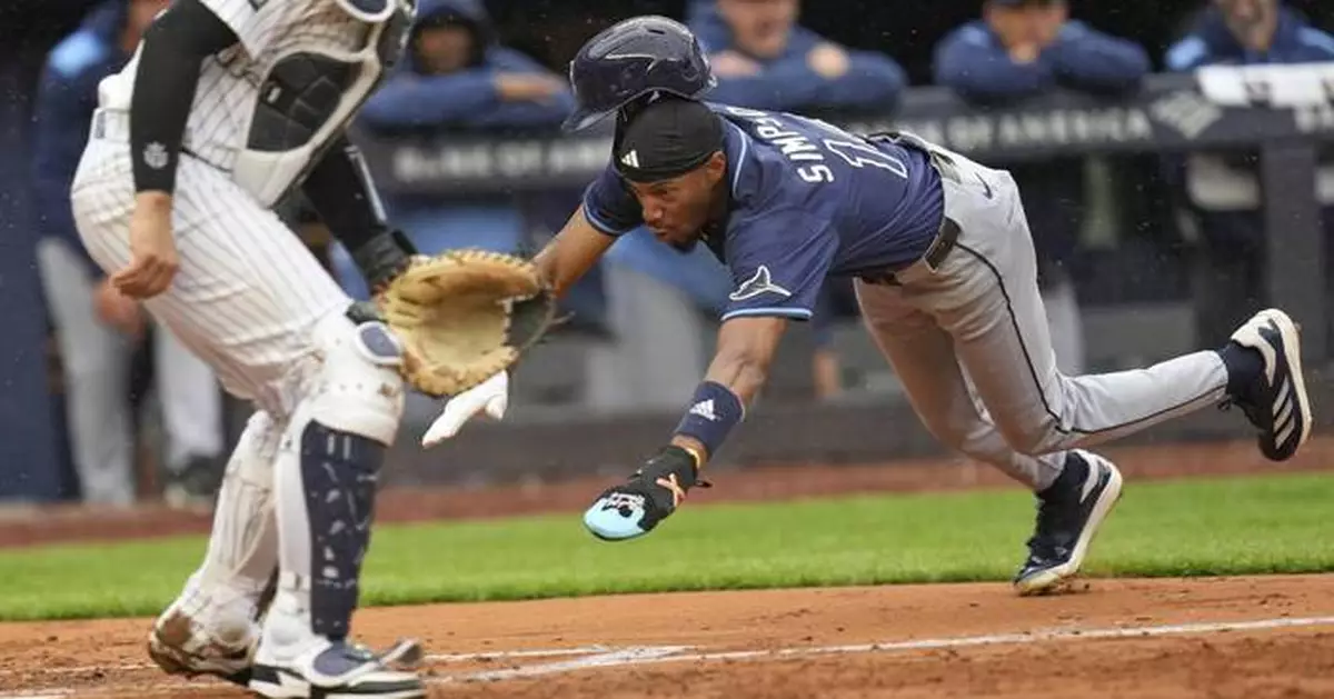 Rays rookie Chandler Simpson scores from second base on infield hit