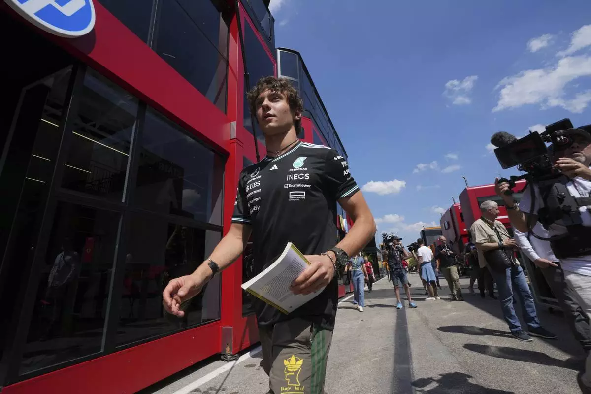 Mercedes driver Andrea Kimi Antonelli of Italy was in the paddock at the Enzo and Dino Ferrari racetrack, ahead the Italy's Emilia Romagna Formula One Grand Prix in Imola, Italy, Thursday, May 15, 2025. (AP Photo/Antonio Calanni)