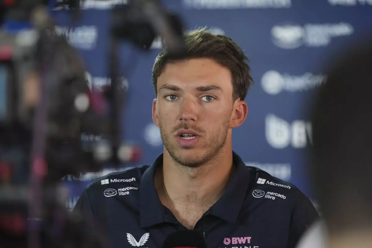 Alpine driver Pierre Gasly of France talks with reporters at the Dino and Enzo Ferrari racetrack, ahead the Italy's Emilia Romagna Formula One Grand Prix in Imola, Italy, Thursday, May 15, 2025. (AP Photo/Antonio Calanni)