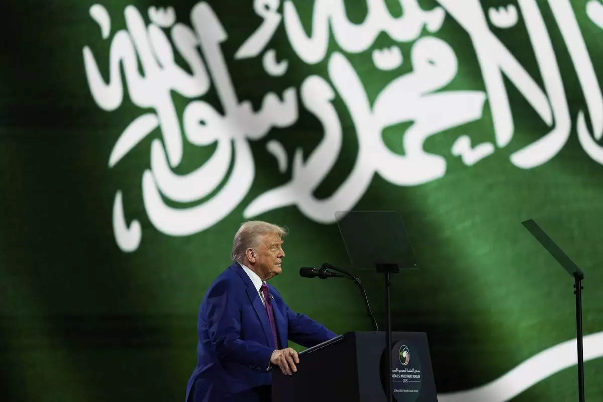 President Donald Trump speaks at the Saudi-U.S. Investment Forum at the King Abdulaziz International Conference Center in Riyadh, Saudi Arabia, Tuesday, May 13, 2025. (AP Photo/Alex Brandon)