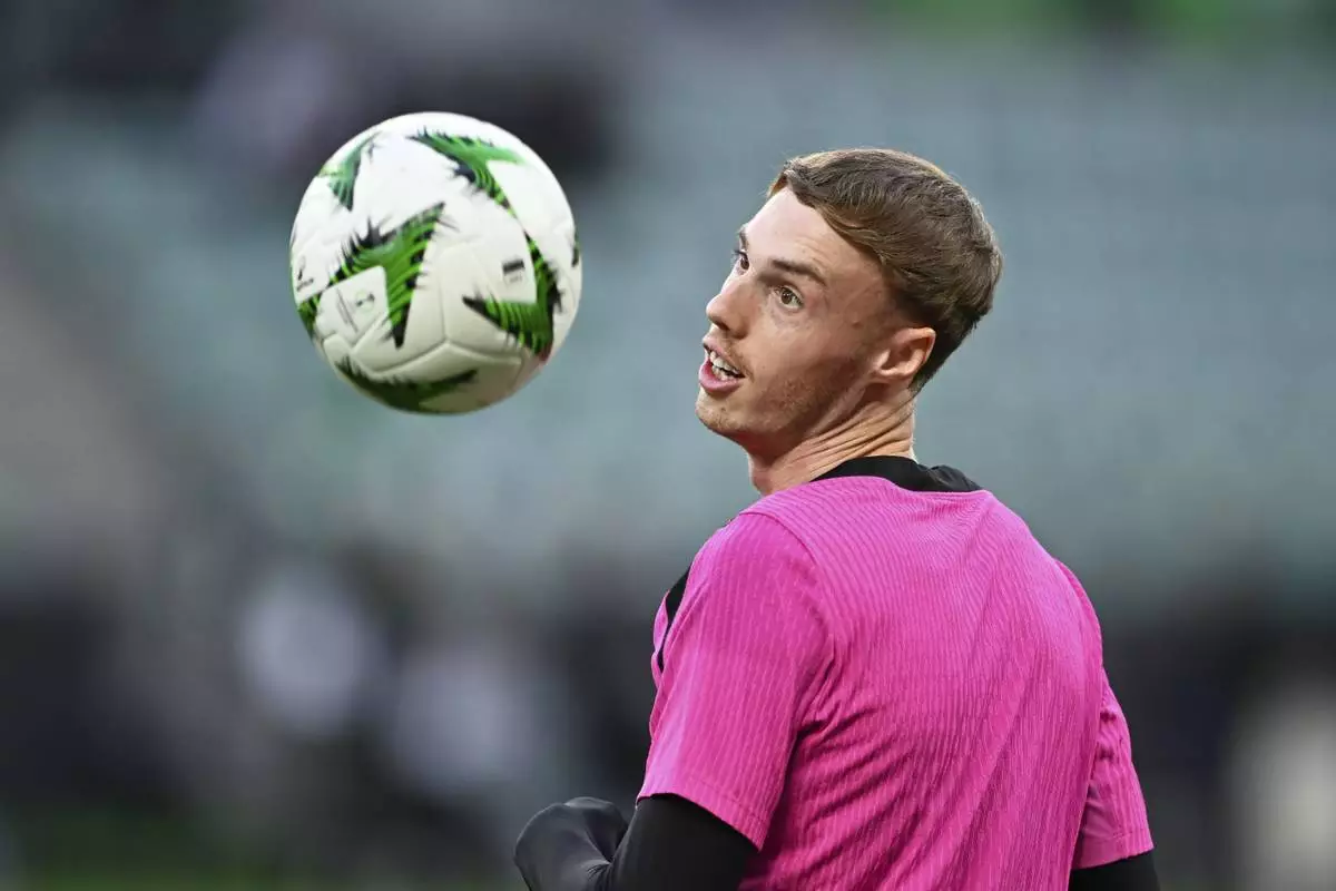 Chelsea's Cole Palmer looks at the ball during a training session ahead of the Europa Conference League final soccer match between Real Betis and Chelsea in Wroclaw, Poland, Tuesday, May 27, 2025. (AP Photo/ Denes Erdos)