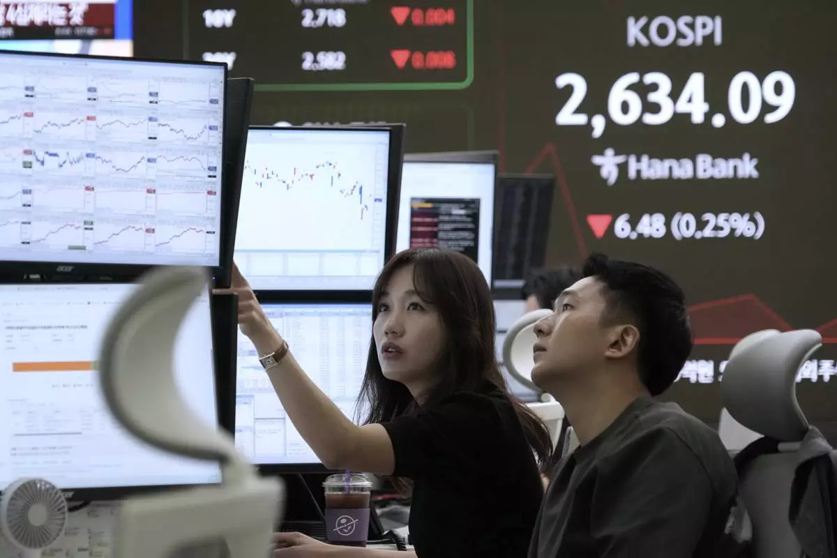 Currency traders watch monitors near a screen showing the Korea Composite Stock Price Index (KOSPI) in Seoul, South Korea, Thursday, May 15, 2025. (AP Photo/Ahn Young-joon)