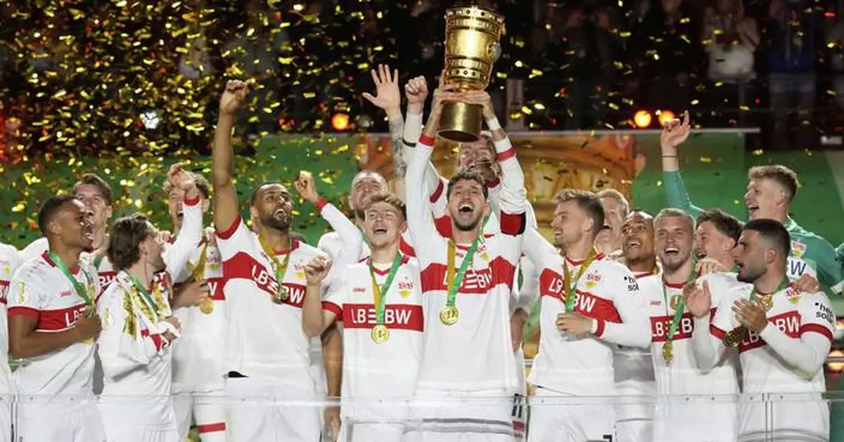 AP PHOTOS: Stuttgart celebrates winning the German Cup against underdog Arminia Bielefeld