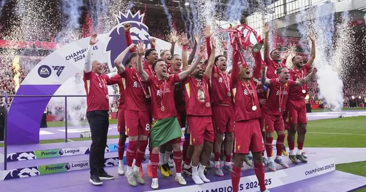 Liverpool players raise Premier League trophy in front of Klopp