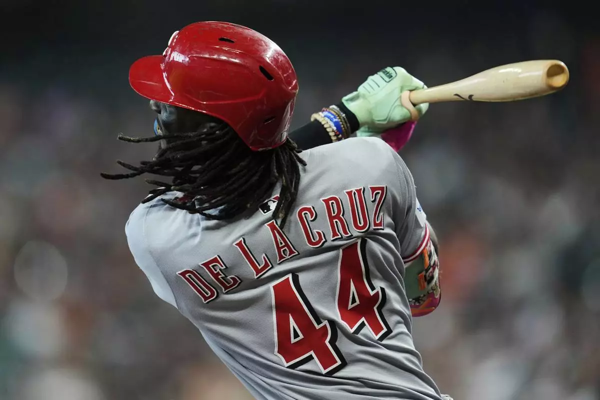 Cincinnati Reds' Elly de la Cruz will meet on Saturday, May 10th, 2025, during the first inning of a baseball game against the Houston Astros in Houston. (AP Photo/Ashley Landis)